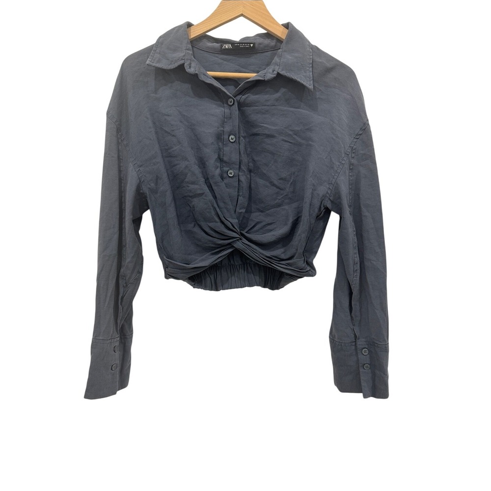 Zara Gray Blue Twist Front Cropped Button Up Shirt XS
